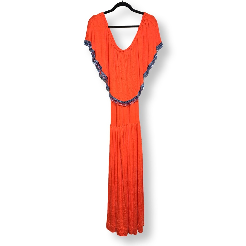 [ MEET ME IN MIAMI ] Off -Shoulder Orange Maxi Dress w/Blue Bead Trim: M: EUC